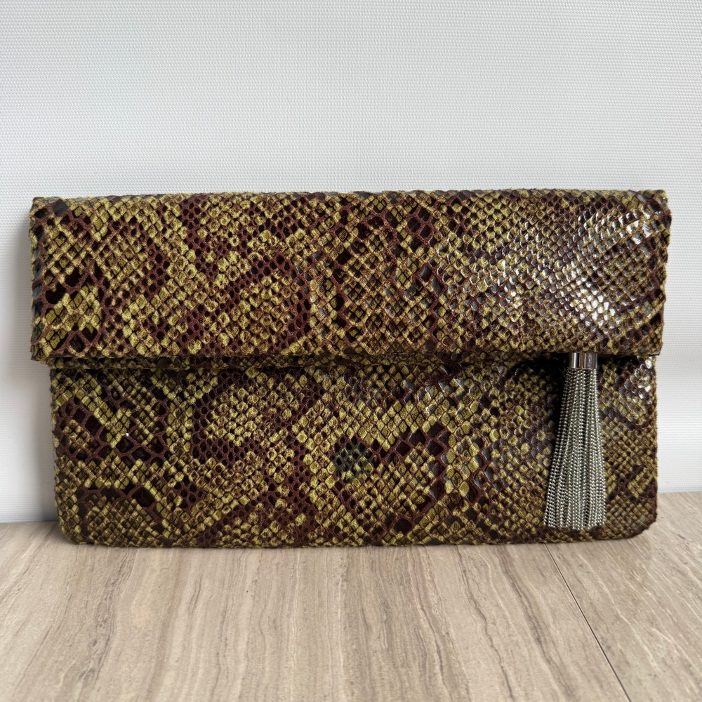 Banana Republic Snakeskin Print Foldover Clutch Bag Green Brown Tassel y2k Glam